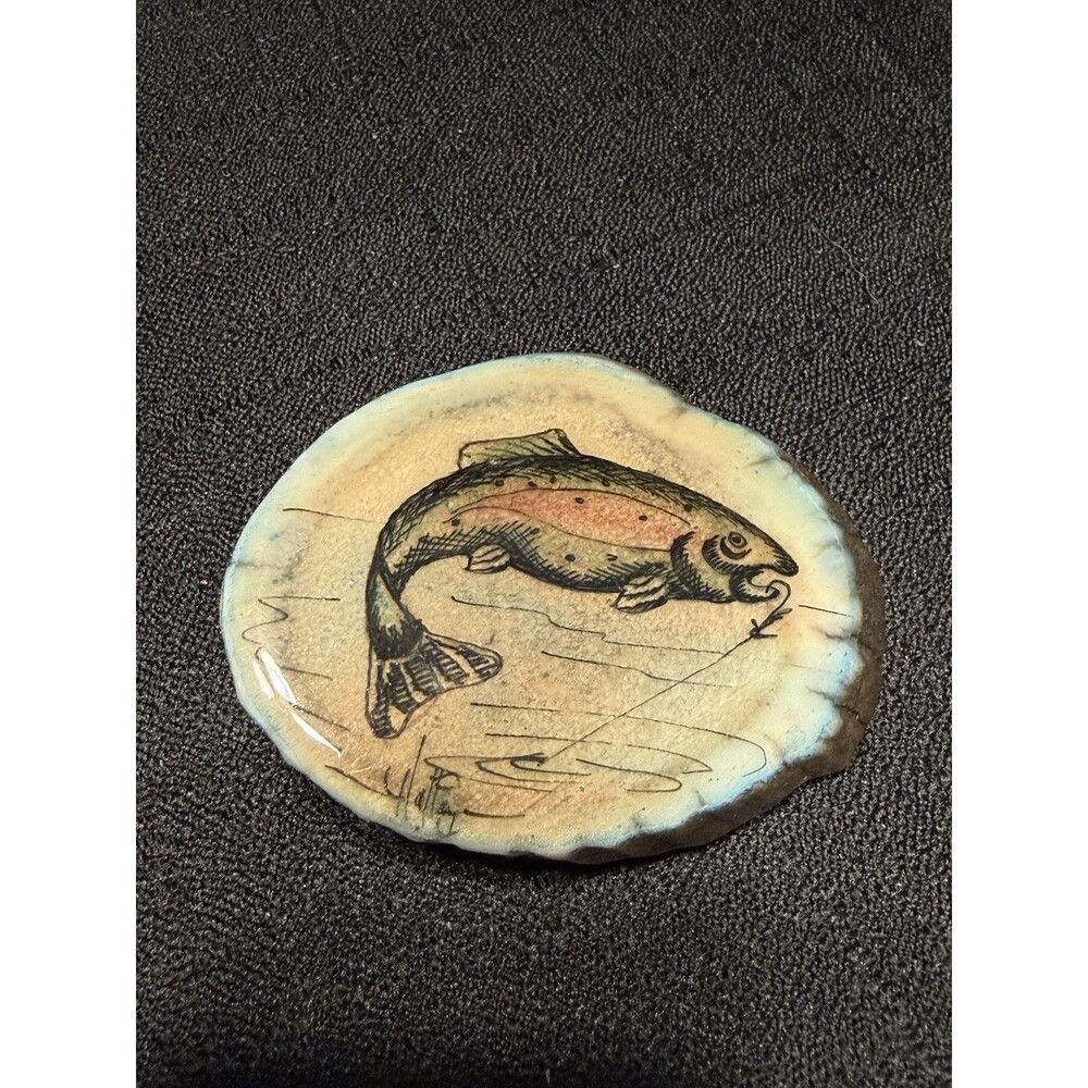 Rainbow Trout Antler Horn Belt Buckle Artist Signed Vintage